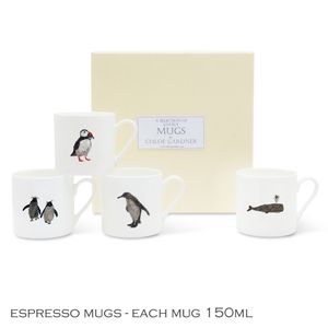 Coffee Gift Seaside Set 1 - 4 Espresso Cups  (Whale, Rockhopper Pair, Puffin, Penguin) with coffee in a luxury gift box