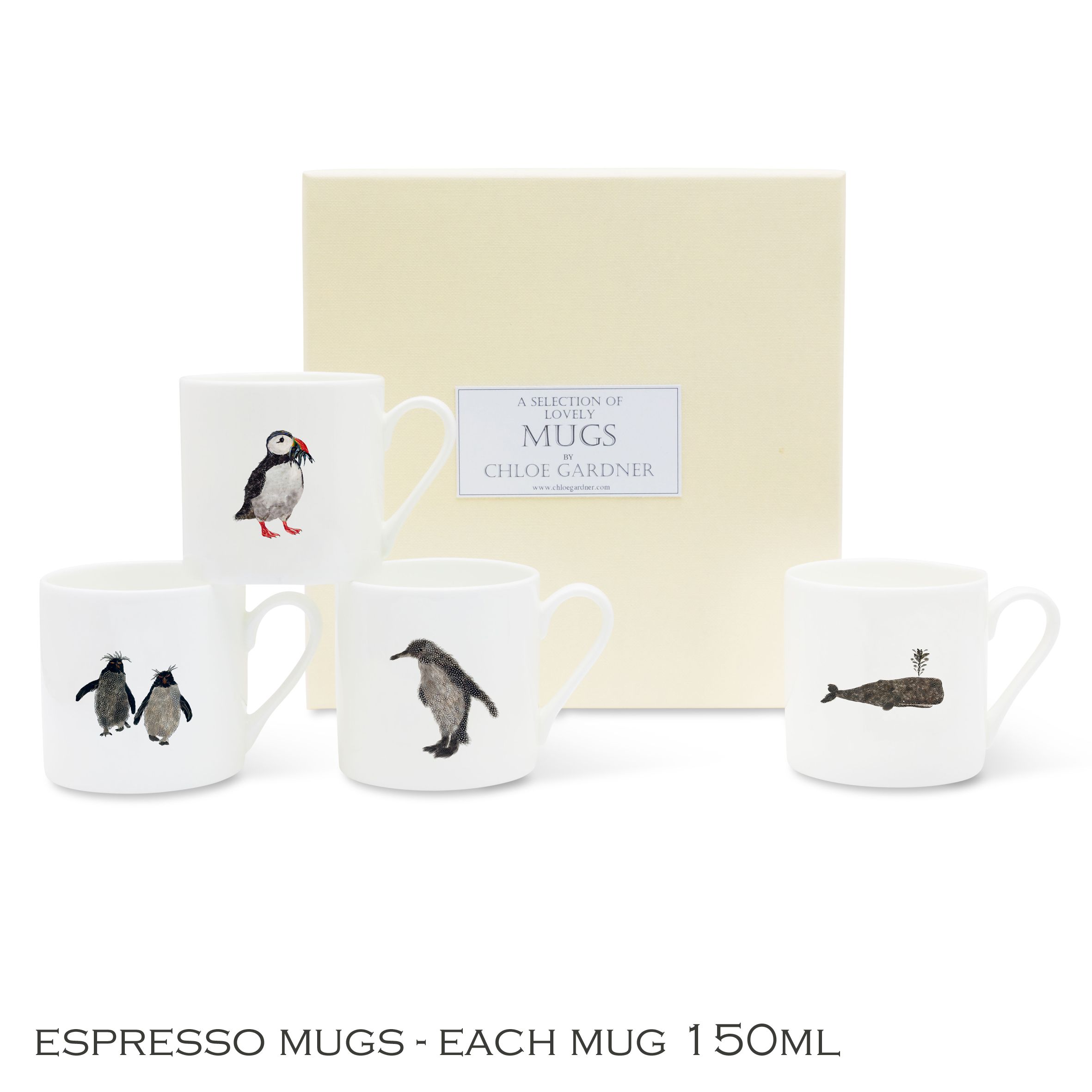 Coffee Gift Seaside Set 1 - 4 Espresso Cups (Whale, Rockhopper Pair, Puffin, Penguin) with coffee in a luxury gift box