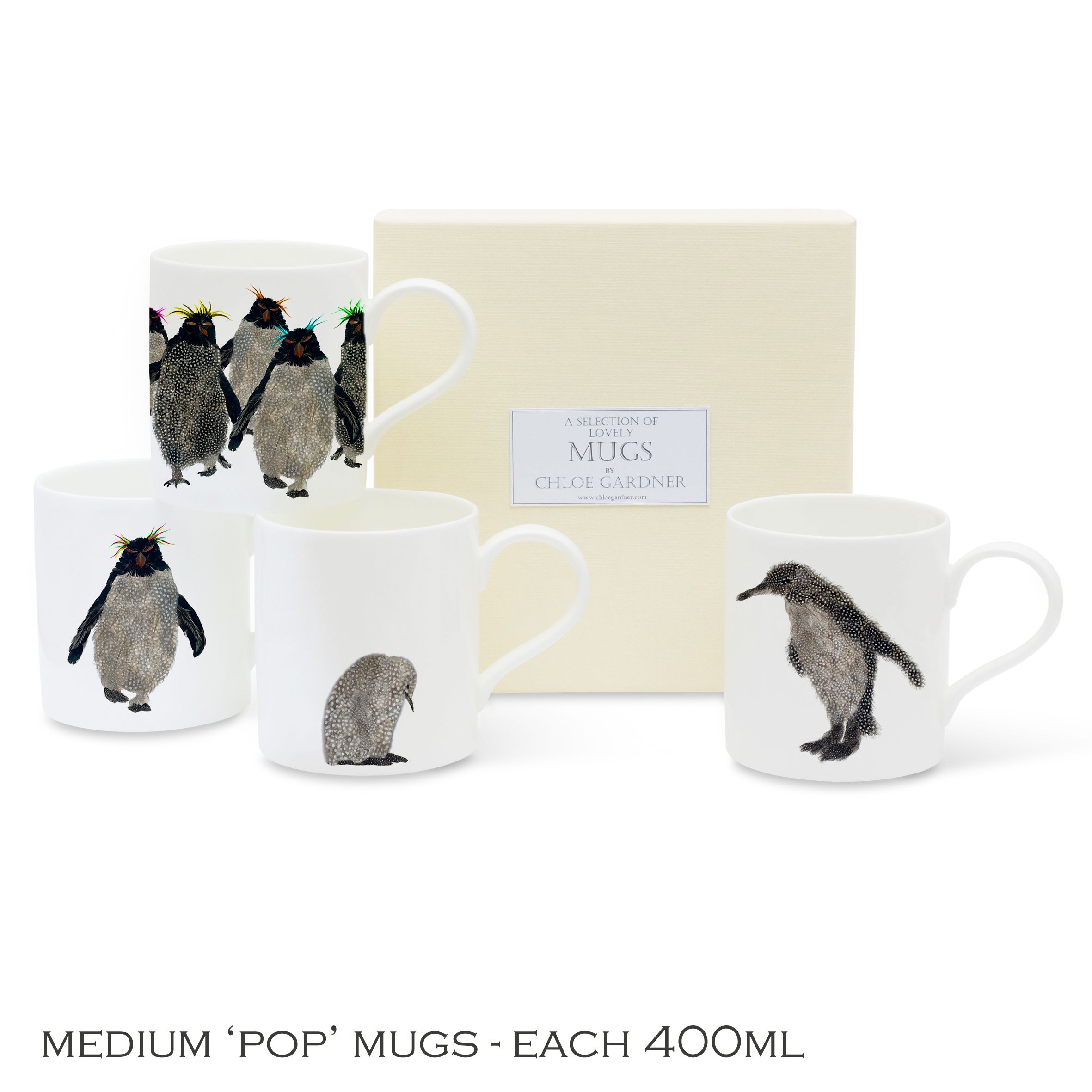 POP MUGS & COFFEE GIFT SET- FOUR Medium POP Mugs (2 x Rockhoppers, 2 x Penguin & Baby) with coffee in a luxury gift box