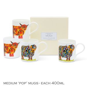 POP MUGS & COFFEE GIFT SET - FOUR Medium POP Mugs (2 x Bright Highland Cow, 2 x Leaf Highland Cow) with coffee in a gift box