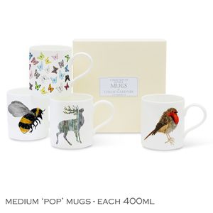 POP MUGS & COFFEE GIFT SET- FOUR Medium POP Mugs (Robin, Bee, Butterflies, Single Stag) with coffee in a luxury gift box