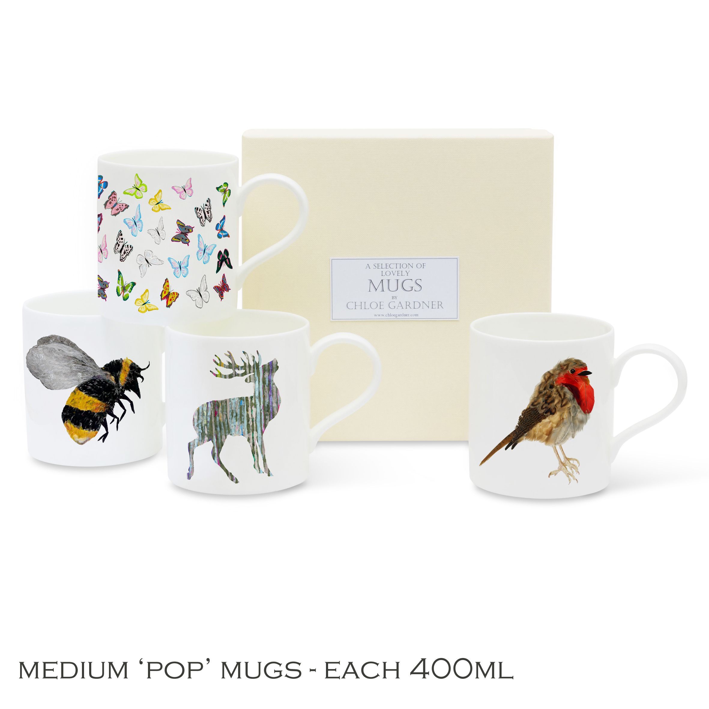 POP MUGS & COFFEE GIFT SET- FOUR Medium POP Mugs (Robin, Bee, Butterflies, Single Stag) with coffee in a luxury gift box