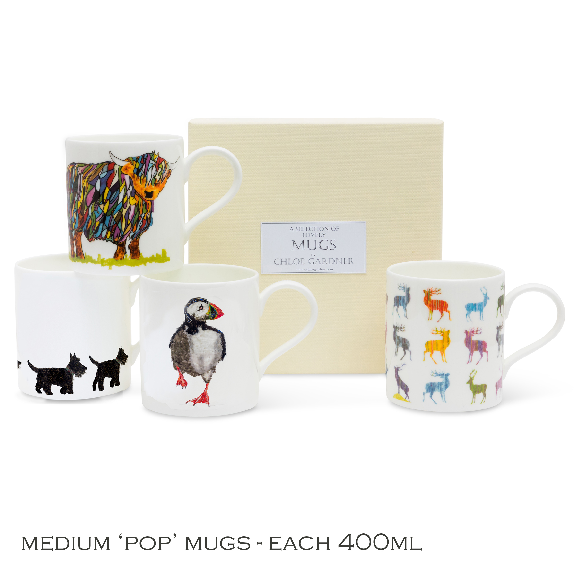 Coffee Gift Scottish Set 1 - Set of Four Medium POP Mugs (Bright Highland Cow, Multi Stag, Running Puffin, Scotties) with a coffee sachet in a gift box