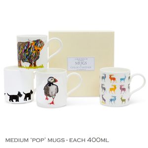 Coffee Gift Scottish Set 1 - Set of Four Medium POP Mugs (Bright Highland Cow, Multi Stag, Running Puffin, Scotties) with a coffee sachet in a gift box
