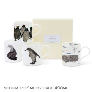 POP MUGS & COFFEE GIFT SET - Four Medium POP Mugs (Whale, Seal, Rockhoppers, Penguin & Baby) with coffee in a luxury gift box