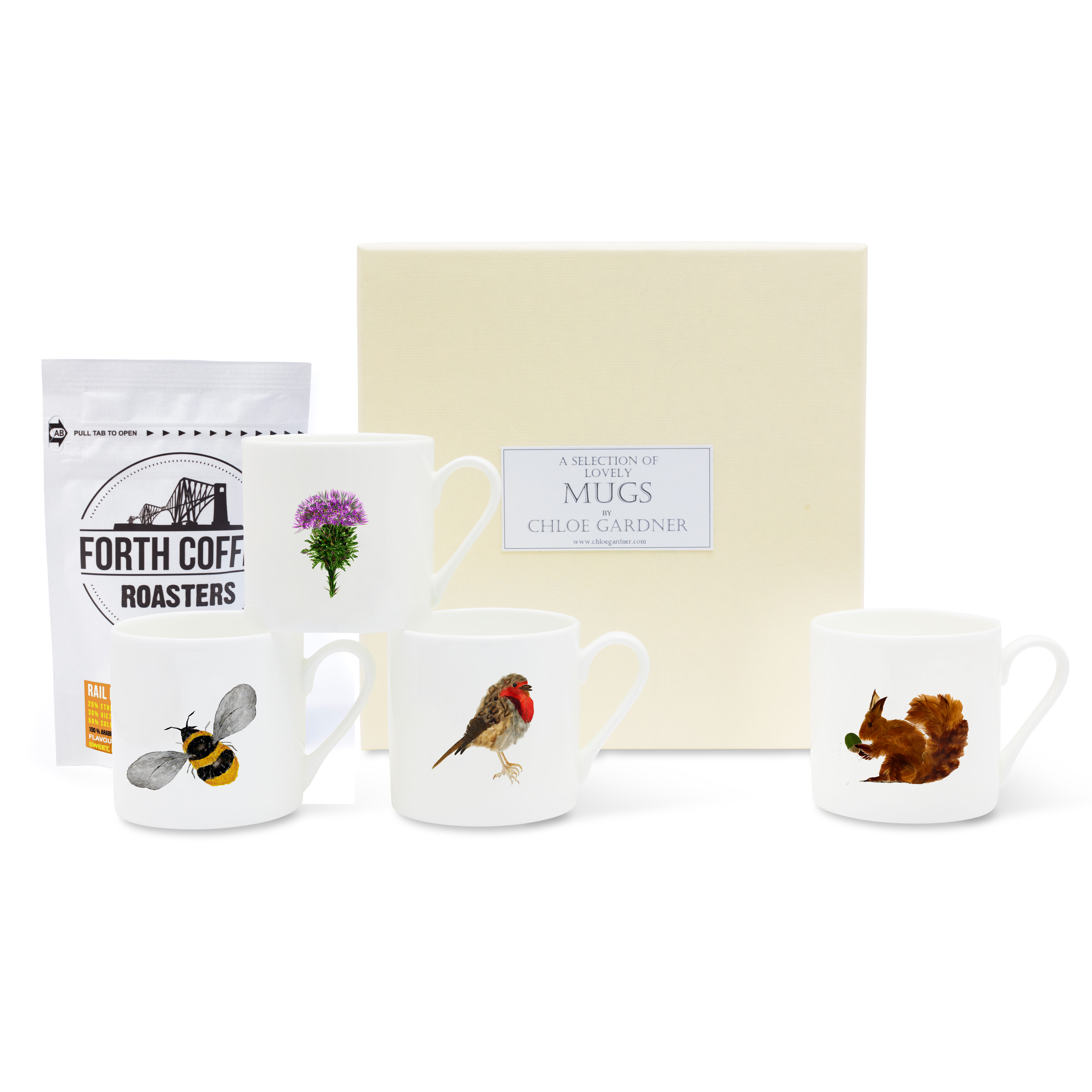 Espresso mugs & Coffee Gift set - 4 Cups (Robin, Butterflies, Boxing Hares, Bee) with coffee in a luxury gift box