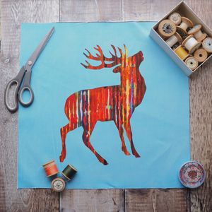 COTTON CUSHION /BAG PANEL- sew your own - BROWN STAG ON BLUE (SP23)