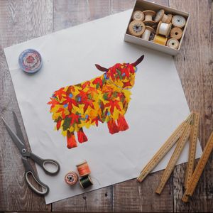 LINEN CUSHION /BAG PANEL- sew your own - LEAF HIGHLAND COW (SP23)