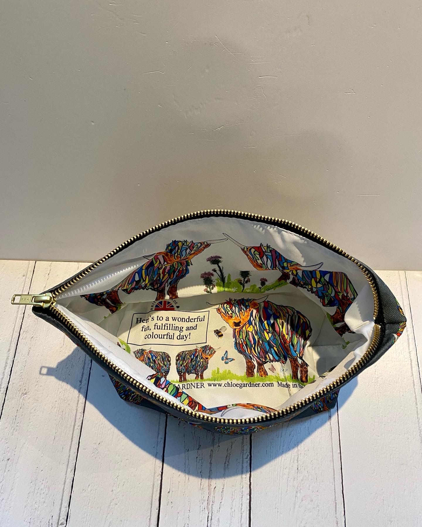 Washbag 2 - Bright Highland Cow on Grey design - printed nylon inside to surprise you & make you smile!