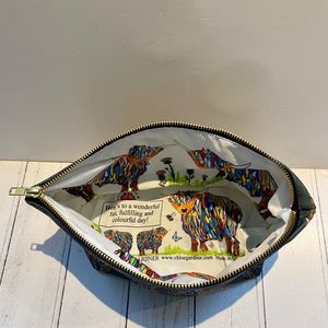 Washbag 2 - Bright Highland Cow on Grey design - printed nylon inside to surprise you & make you smile!