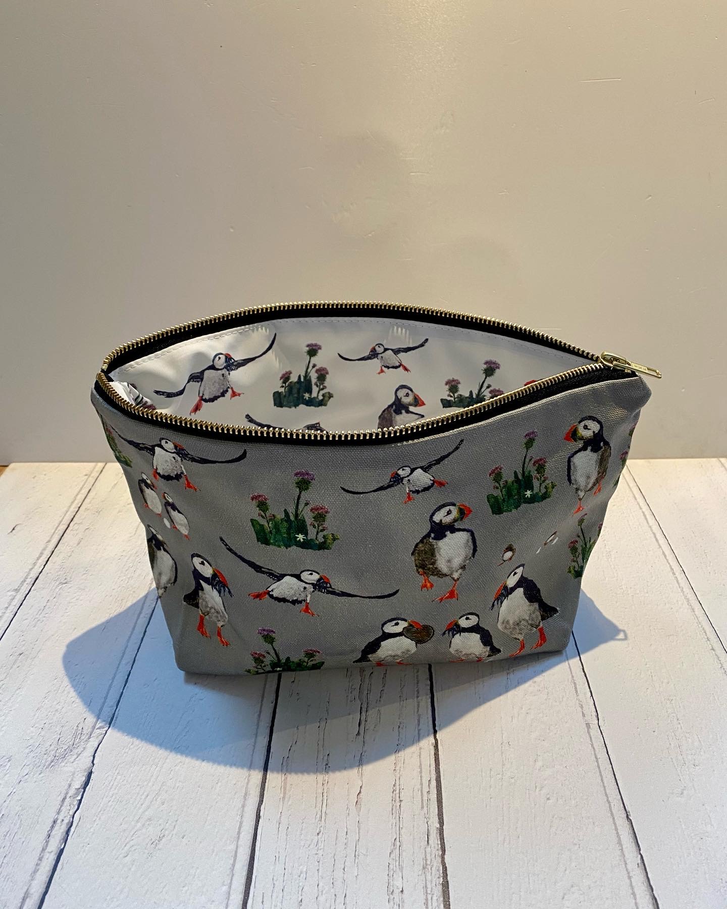 Washbag 2 - Puffins  -  printed NYLON inside to surprise you & make you smile!