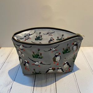 Washbag 2 - Puffins  -  printed NYLON inside to surprise you & make you smile!