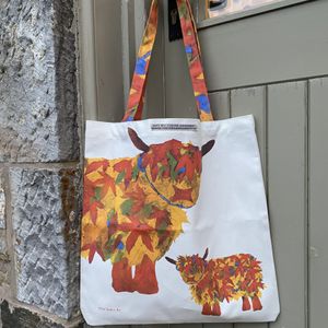 Colourful Leaf Highland Cow Shopper Bag with Orange Red and Green Autumn leaves forming a Cow design, printed onto a large tote style cotton Canvas bag