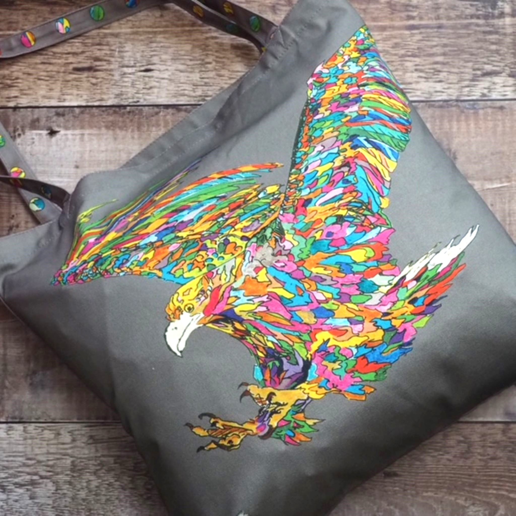 Eagle Bag with colourful Eagle on Grey canvas bag