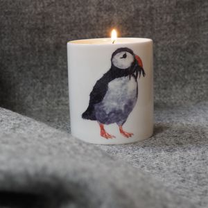 CANDLE - Puffin with fish Luxury Hand-poured Ceramic Pot Candle in a gift box