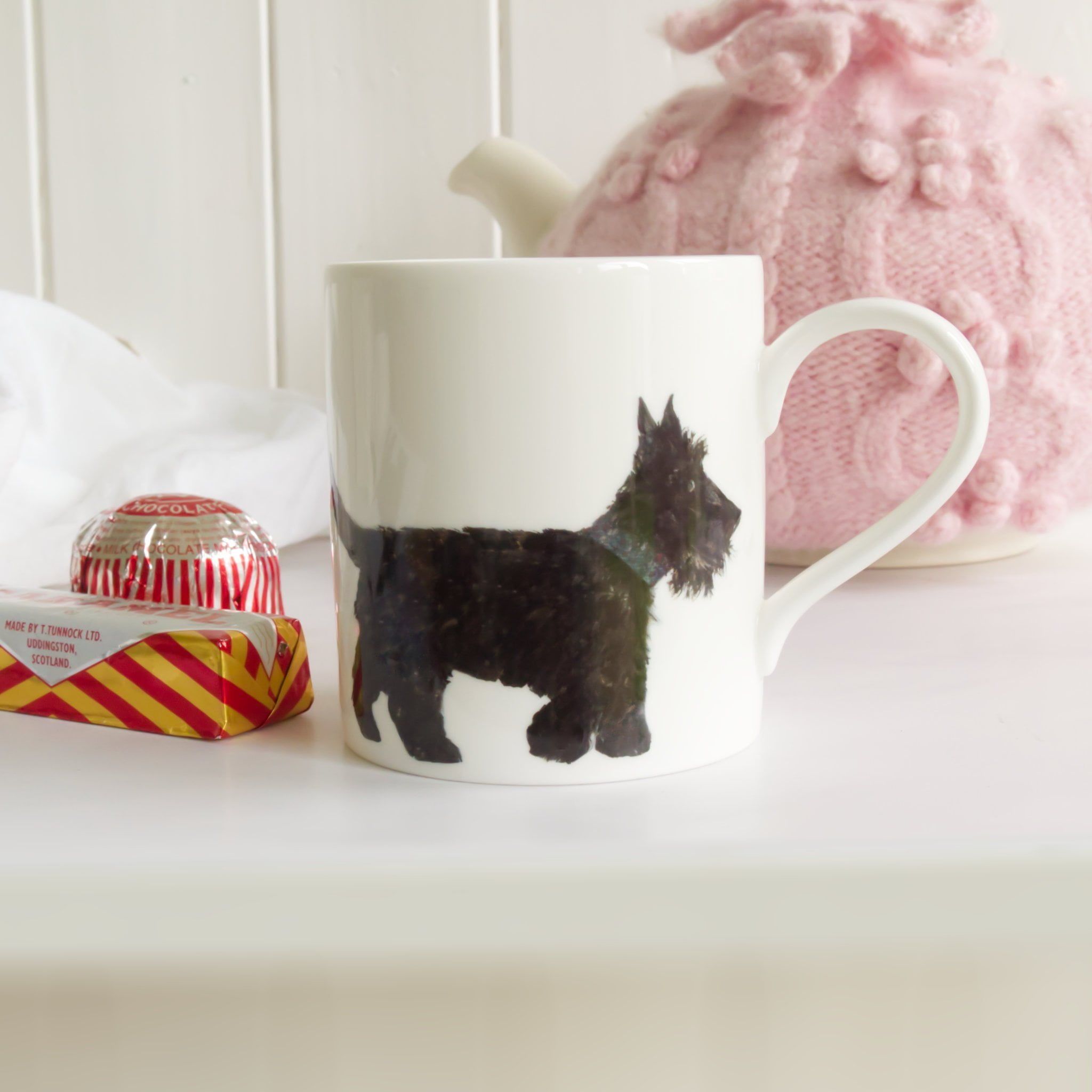 Scottie Dog China Mug by Chloe Gardner with Teacakes and a pink Teapot