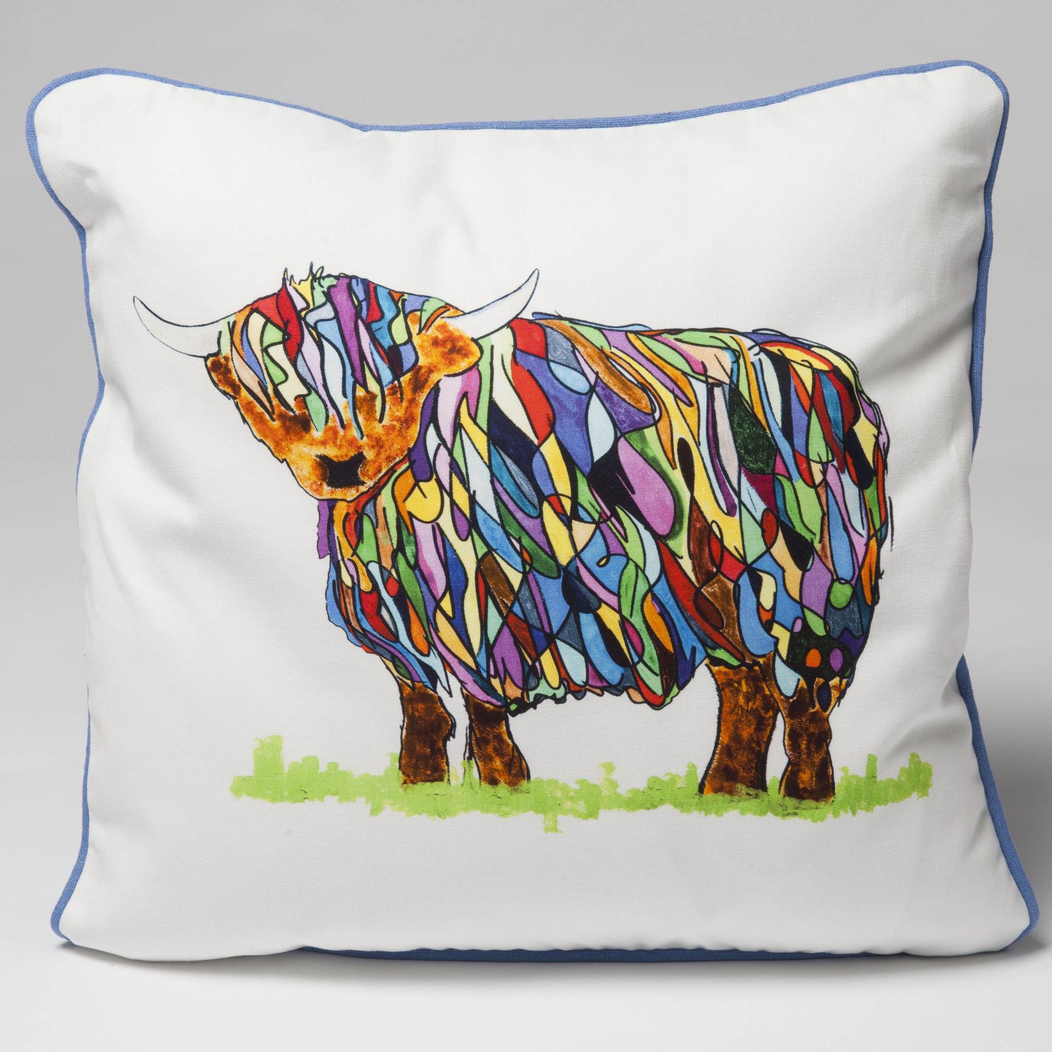 Bright Highland Cow facing left by Chloe Gardner Bright Highland Cow Looking Left Cushion