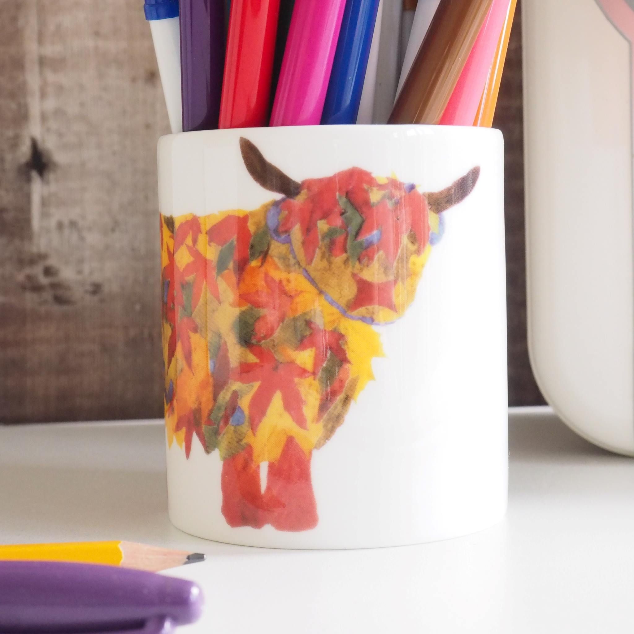 Leaf Highland Cow Pot with Pens by Chloe Gardner Leaf Highland Cow Pot