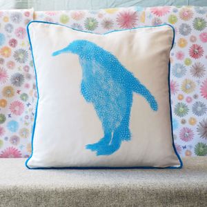SQUARE CUSHION - Fluoro Blue Penguin Facing Left with blue trim (Blue Piping)(Avail R3F14 04/25)
