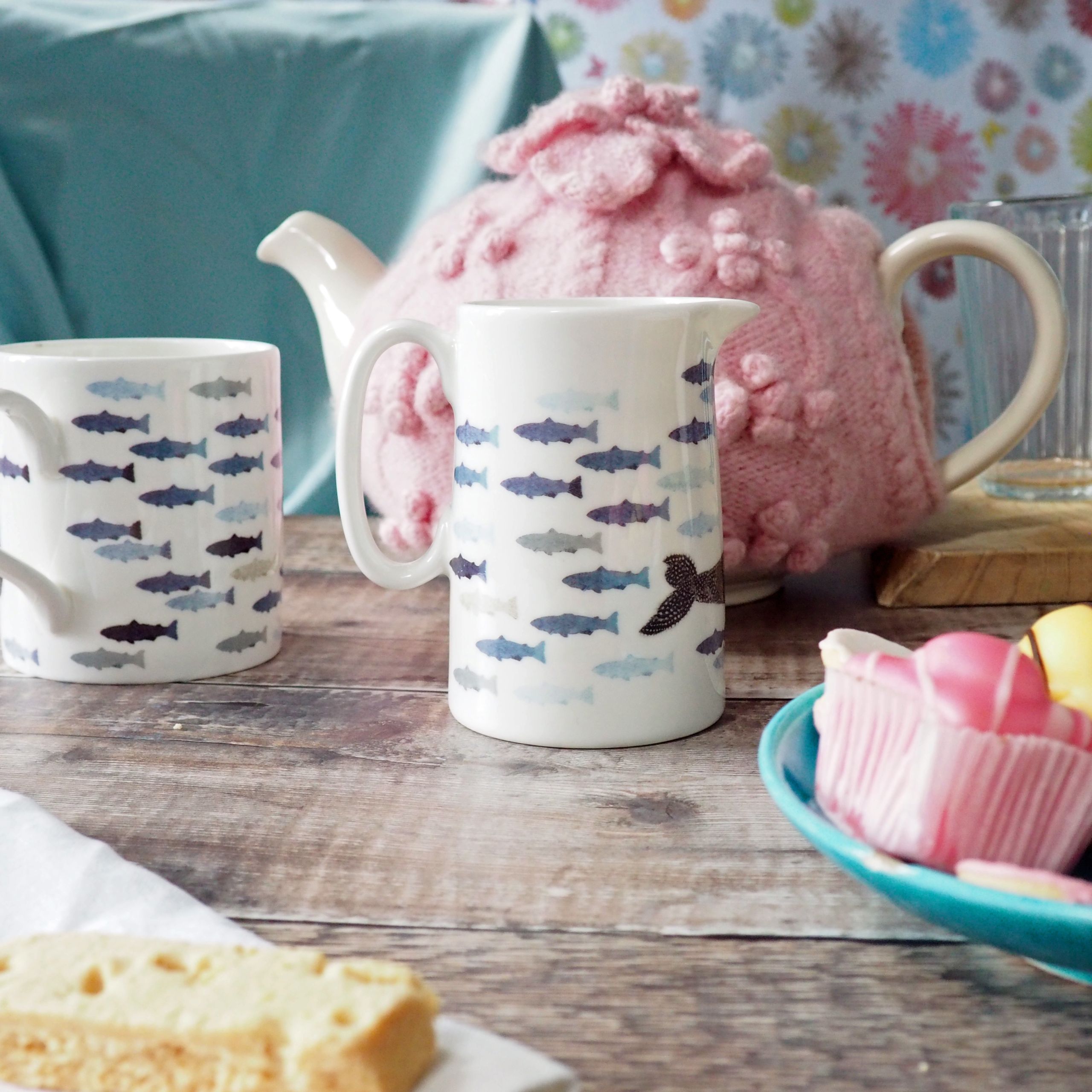 Whale Jug Back in Half Pint Size Whale Jug in Half Pint Size made by Chloe Gardner on table set with teapot, matching Jug and afternoon cakes