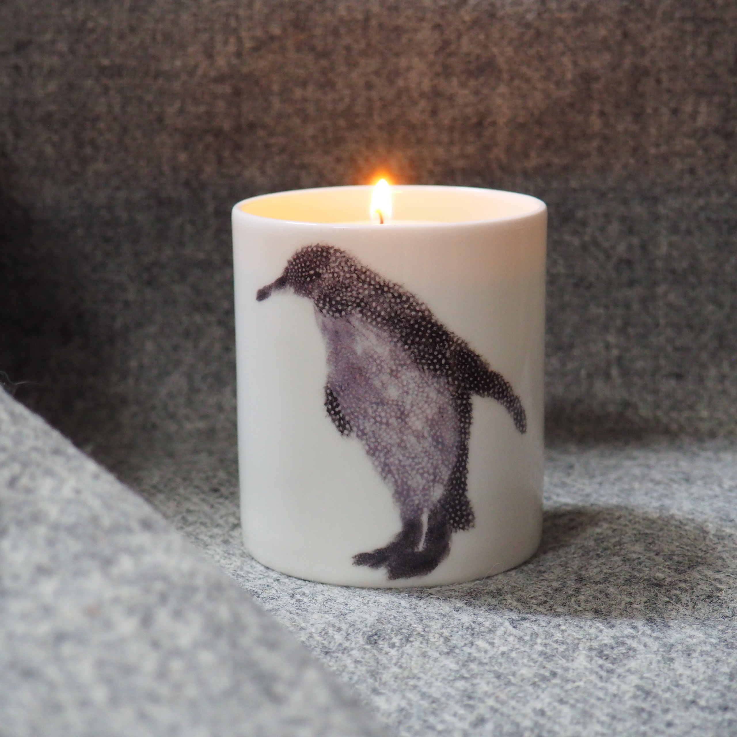 CANDLE - Penguin Hand poured Ceramic pot Candle with baby penguin on the back in a gift box