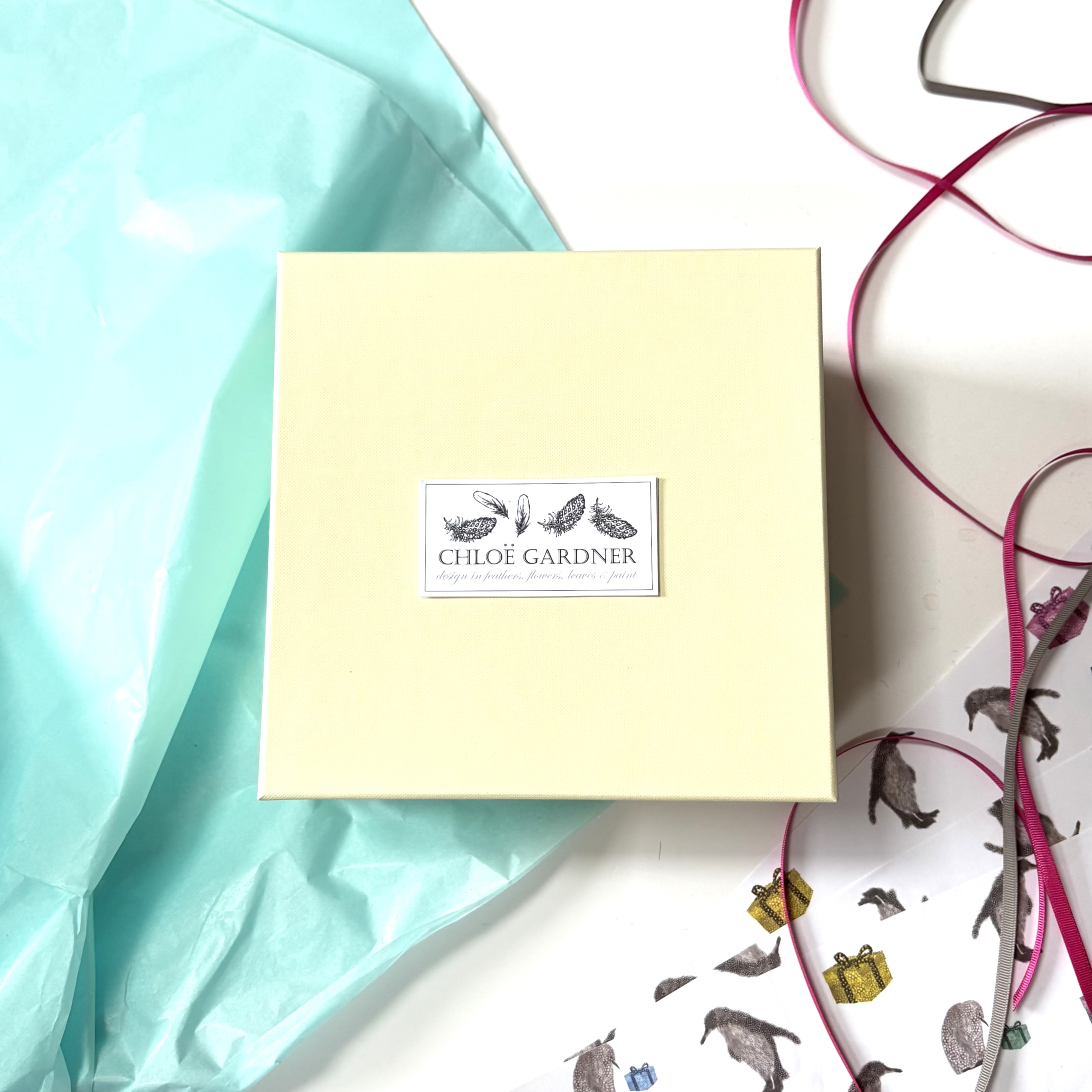 Gift Box cream with blue lining with Chloe Gardner Generic Tag