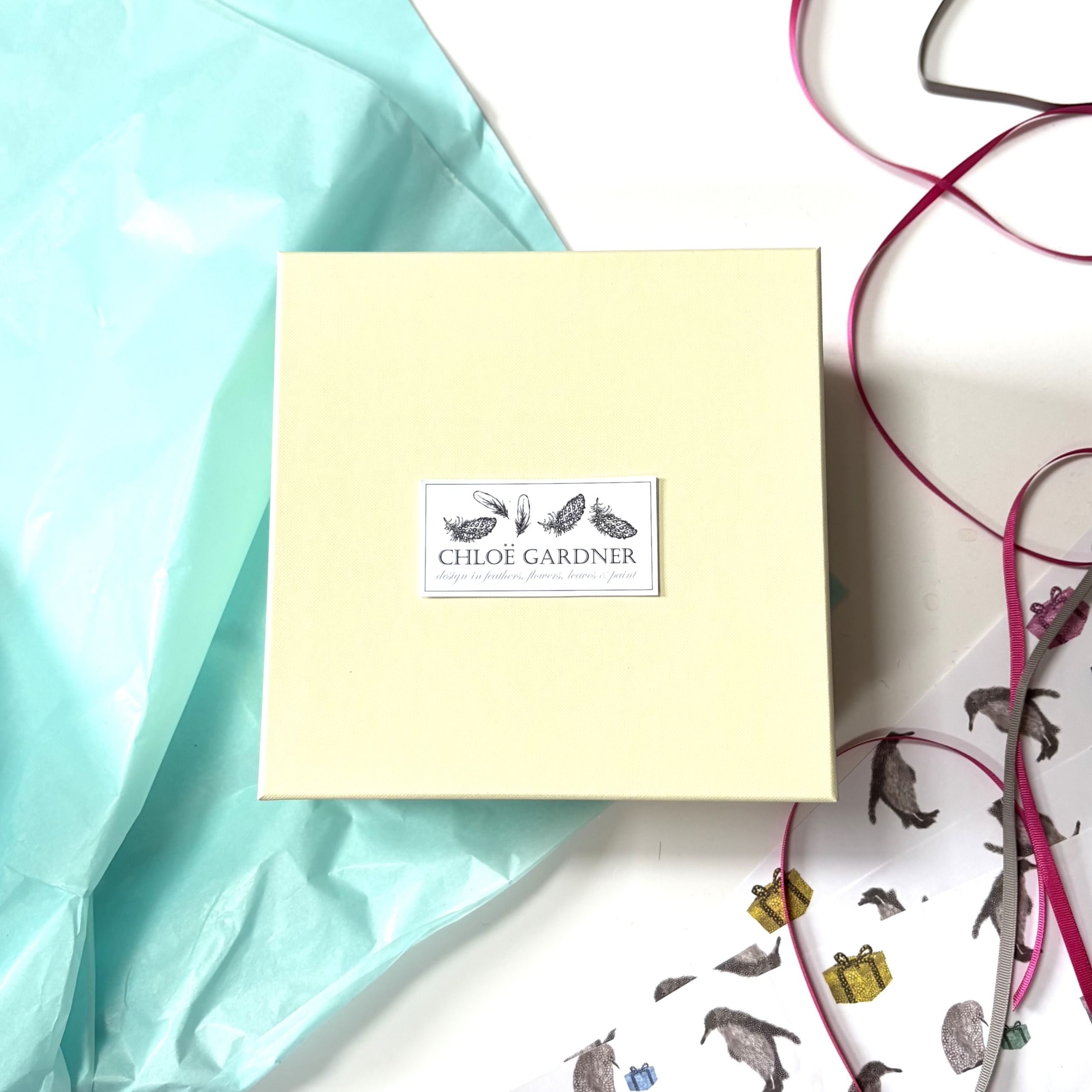 Gift Box cream with blue lining with Chloe Gardner Generic Tag