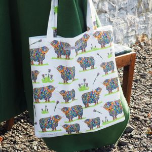 Small Bag - Bright Highland Cow and Thistle with Matching Handles