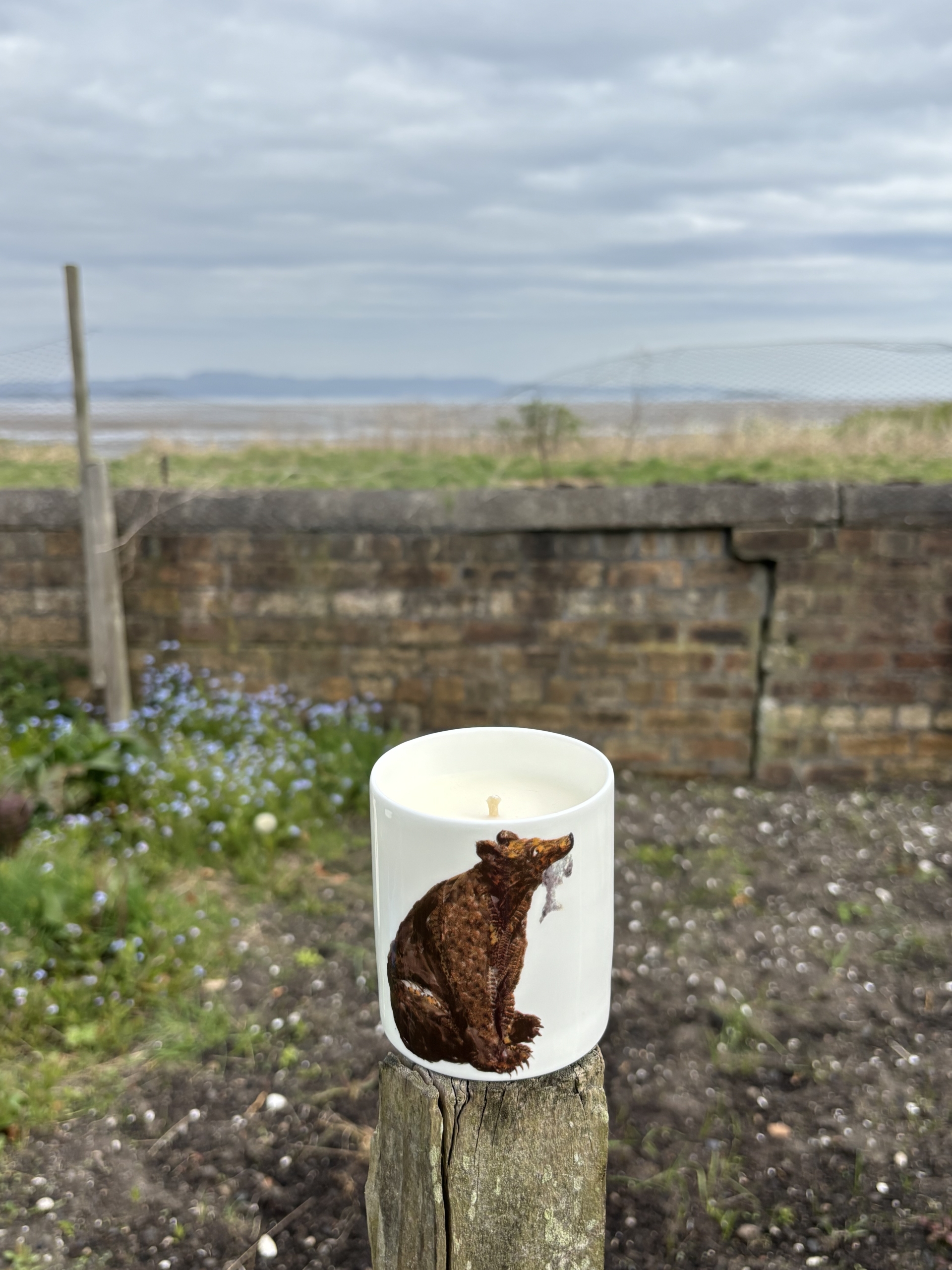 CANDLE - Feather Brown Bear hand poured ceramic pot candle in a gift box